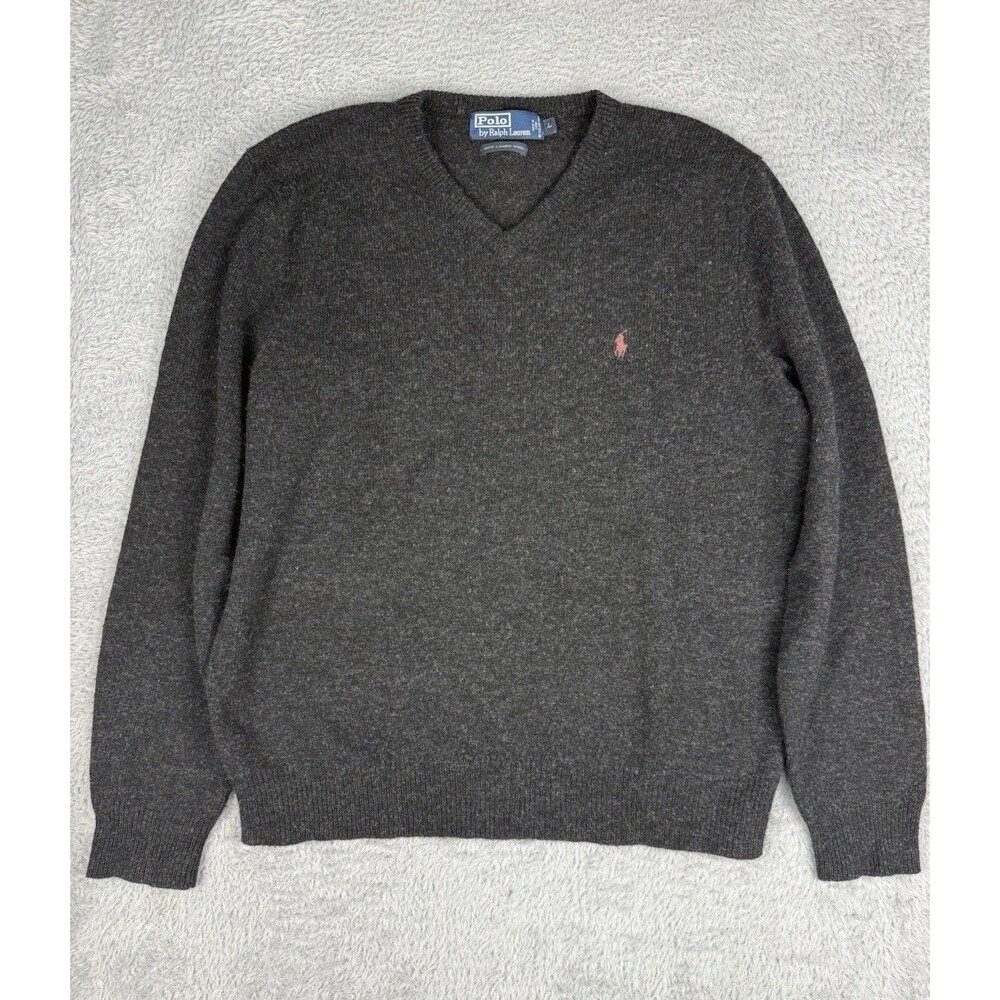 Polo Ralph Lauren 100% Lambswool V-Neck Sweater Men’s Large Gray Pony Preppy